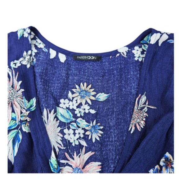 Papermoon Dress Womens Medium Blue Floral Maxi Short Sleeve Boho‎ Summer Casual - Picture 3 of 7